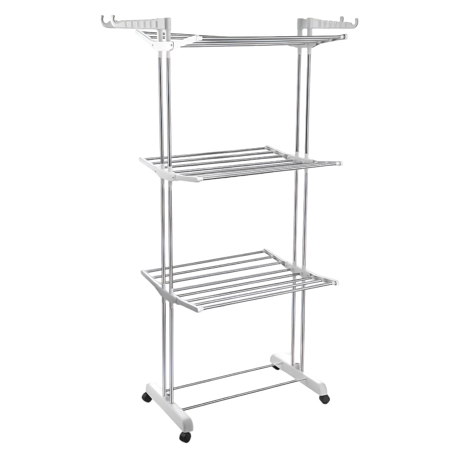 3-Tier Foldable Stainless Steel Cloth Drying Stand with Wheels 3-Tier Foldable Stainless Steel Cloth Drying Stand with Wheels